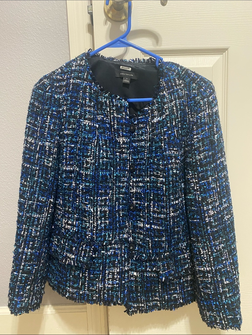 Ann Taylor Black and Blue Tweed Collarless Blazer